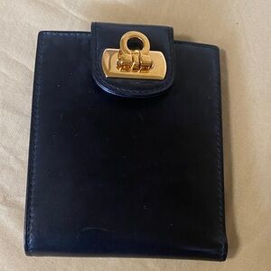 Black Leather Compact Wallet with Gold Tone Closure